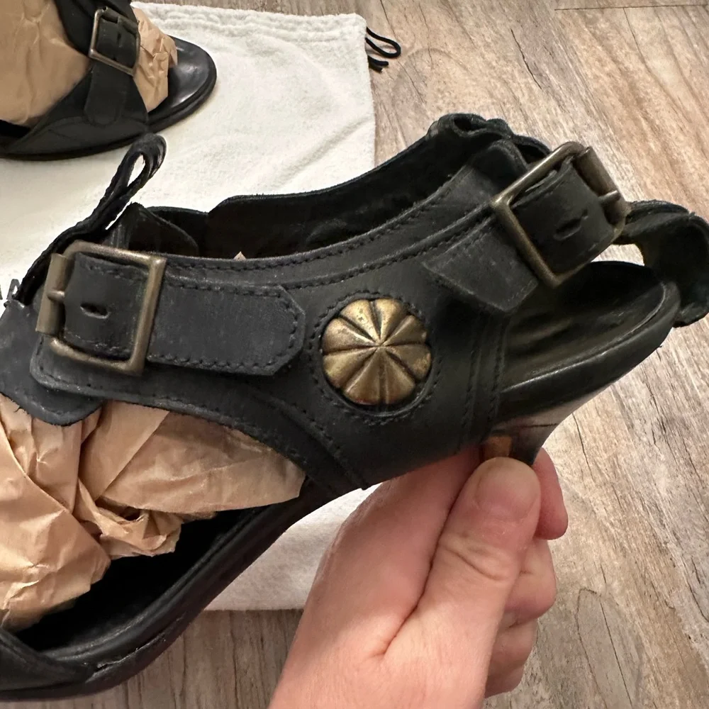 Manolo Blahnik Black Leather Buckle Sandals Brass Medallion Vintage Heels